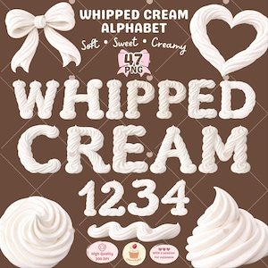 May include: A digital graphic featuring a whipped cream alphabet, numbers, and decorative elements. The text reads "WHIPPED CREAM ALPHABET" with the words "Soft, Sweet, Creamy". Includes a bow, heart, and swirls. The image also includes the numbers 1, 2, 3, and 4.