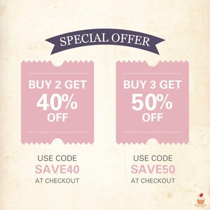 Puede incluir: Gr&aacute;fico promocional con una pancarta que dice "OFERTA ESPECIAL". Dos cupones rosas muestran ofertas de descuento: "COMPRA 2 OBT&Eacute;N 40% DE DESCUENTO" y "COMPRA 3 OBT&Eacute;N 50% DE DESCUENTO". Cada cup&oacute;n incluye un c&oacute;digo &uacute;nico: "SAVE40" y "SAVE50" para usar al finalizar la compra.