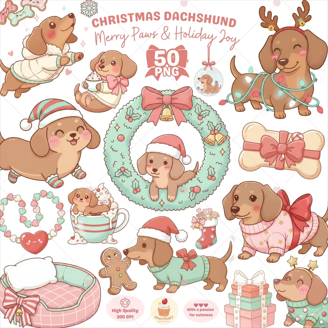Christmas Dachshund Clipart, Cute Holiday Dog PNG Bundle for Pet Lovers ...