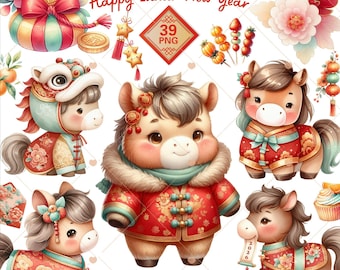 Lunar New Year Horse Clipart, Chinese Zodiac Pony PNG Bundle, Festive Winter Art
