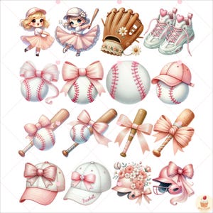 May include: A set of pink and white baseball themed digital clipart images. The set includes baseballs, bats, caps, a glove, shoes, and two girls wearing baseball uniforms.