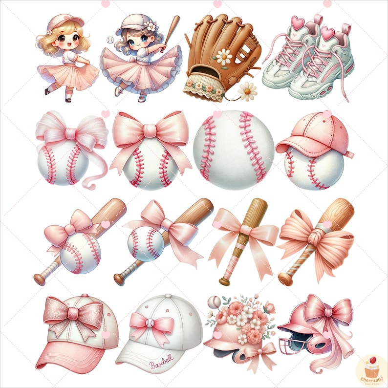 May include: A set of pink and white baseball themed digital clipart images. The set includes baseballs, bats, caps, a glove, shoes, and two girls wearing baseball uniforms.