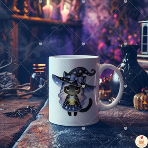 May include: White ceramic mug with a black cat dressed as a witch holding a small pumpkin. The cat is wearing a blue and white witch hat with stars and a blue bow. The cat has purple hair and is wearing a black and blue dress with stars. The mug is on a wooden surface.