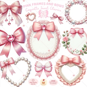 Rosa Rahmen und Bögen Clipart, Clipart Kokette, Valentinstag Rosa, Girly Clipart, Hochzeitscliparts, Band png, Herzrahmen, kommerzielle Nutzung