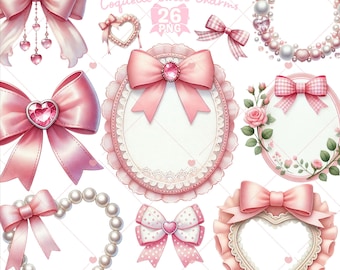 Pink Frames and Bows Clipart, Coquette Clipart, Pink Valentine, Girly Clipart, Wedding Clipart, Ribbon png, Heart Frames, Commercial use