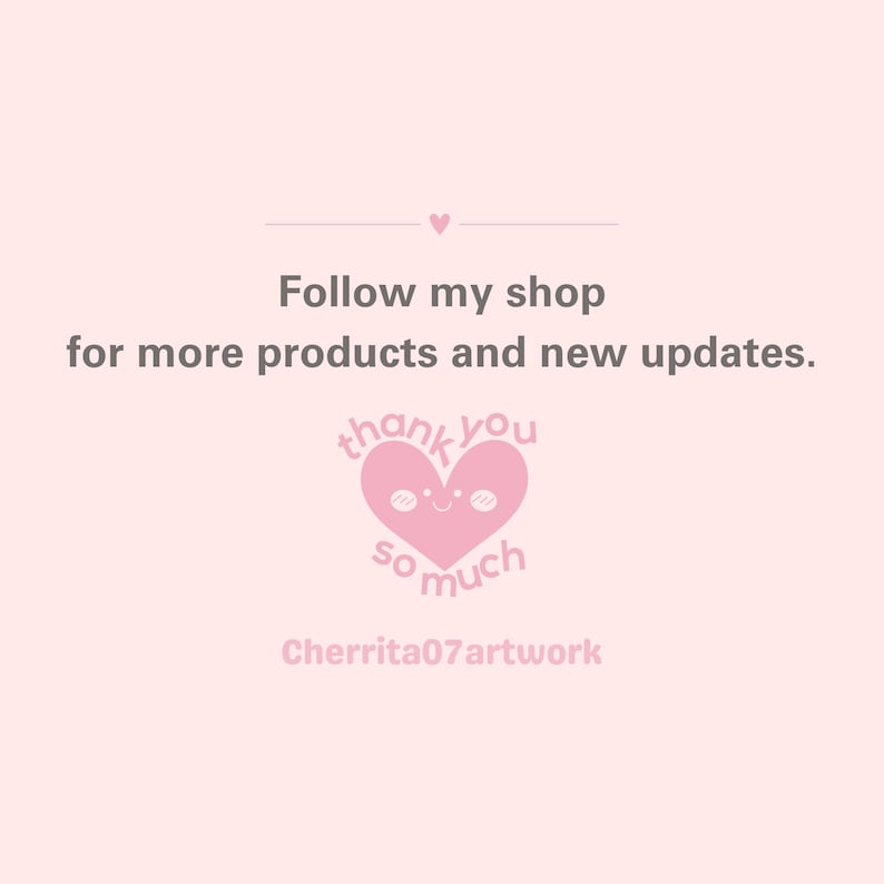 K&ouml;nnte beinhalten: Pinkes Herz mit einem l&auml;chelnden Gesicht und dem Text "thank you so much" darin. Unter dem Herzen steht der Text "Cherrita07artwork". Der Text "Follow my shop for more products and new updates." befindet sich &uuml;ber dem Herzen.