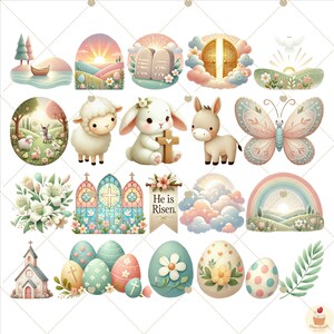 May include: A set of 16 digital illustrations featuring Easter themes. The illustrations include a bunny holding a cross, a rainbow, a church, a butterfly, a donkey, a lamb, a cross, a sunrise, a window with a cross, a basket of eggs, and more.