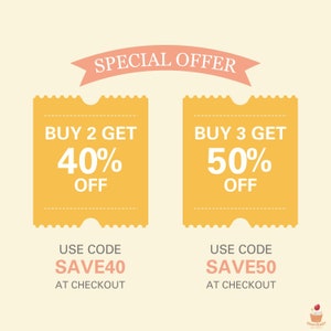 May include: A yellow and white graphic with the text "SPECIAL OFFER" in a pink banner at the top. Two yellow ticket-shaped boxes with rounded corners contain the text "BUY 2 GET 40% OFF" and "BUY 3 GET 50% OFF". Below each box is the text "USE CODE SAVE40 AT CHECKOUT" and "USE CODE SAVE50 AT CHECKOUT".