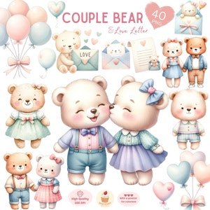 Clipart coppia orso, PNG lettera d'amore, Clipart giorno di San Valentino, coppia romantica, Clipart vivaio, orsi carini, coppia di animali, uso commerciale