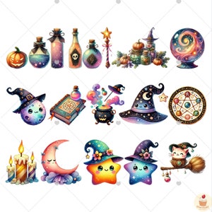 May include: A set of 18 digital clipart images featuring a whimsical Halloween theme. The images include a variety of cute characters, objects, and symbols, such as a witch's hat, a cauldron, a moon, a star, a cat, a broom, and a pumpkin. The images are perfect for use in digital scrapbooking, card making, and other creative projects.