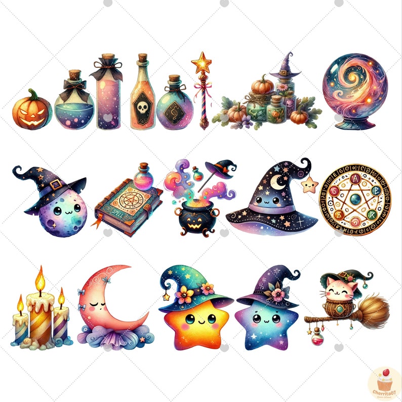May include: A set of 18 digital clipart images featuring a whimsical Halloween theme. The images include a variety of cute characters, objects, and symbols, such as a witch's hat, a cauldron, a moon, a star, a cat, a broom, and a pumpkin. The images are perfect for use in digital scrapbooking, card making, and other creative projects.