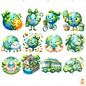 May include: A set of 10 cartoon illustrations featuring a green and blue Earth with various eco-friendly themes, including recycling, clean energy, and nature. The Earth is depicted as a smiling character with arms and legs.