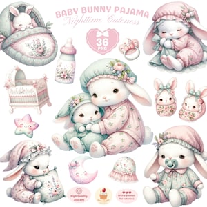 Baby Bunny Pyjamas Clipart, Osterhase PNG, Coquette Clipart, Pyjamas PNG, Süßer Hase PNG, Schlafender Hase, Mein erstes Ostern, kommerzielle Nutzung