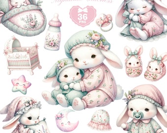 Baby Bunny Pajamas Clipart, Easter Bunny PNG, Coquette Clipart, Pajamas PNG, Cute bunny PNG, Sleeping Bunny, My First Easter, commercial use