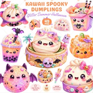 Puede incluir: Una colección digital de 49 ilustraciones PNG con Kawaii Spooky Dumplings con temas de Halloween de verano brillante. El conjunto incluye varios alimentos antropomórficos como albóndigas, té boba y cajas de comida para llevar con caras, murciélagos y calaveras.