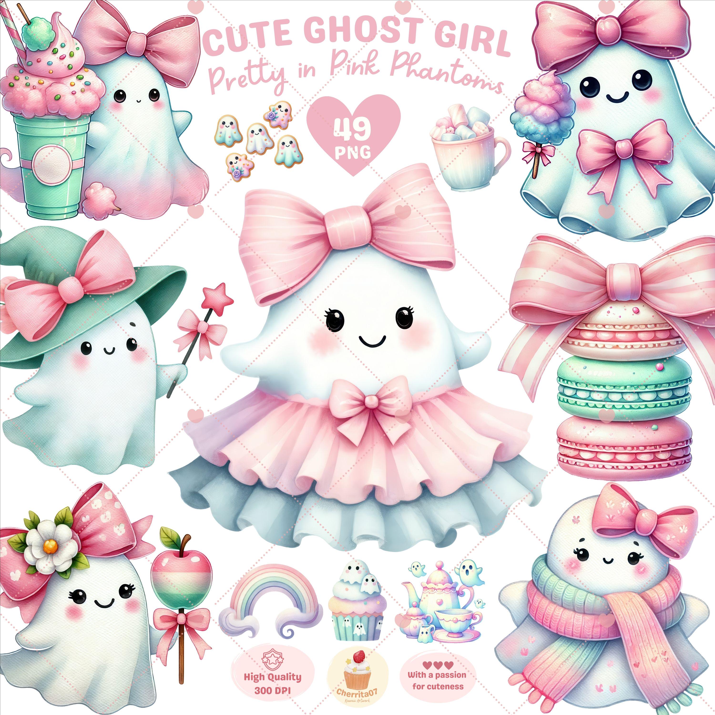 Cute Ghost girl Clipart, Girly Halloween clipart, Pink Ghost png, Pastel Halloween, Spooky vibes png, Desserts png, Fall png, Commercial Use