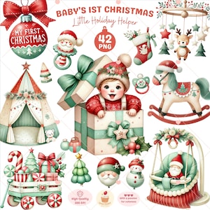Baby's 1e kerst clipart, leuke vakantie clipart voor pasgeborenen eerste kerst, peuter kerst png, decor babykamer, commercieel gebruik