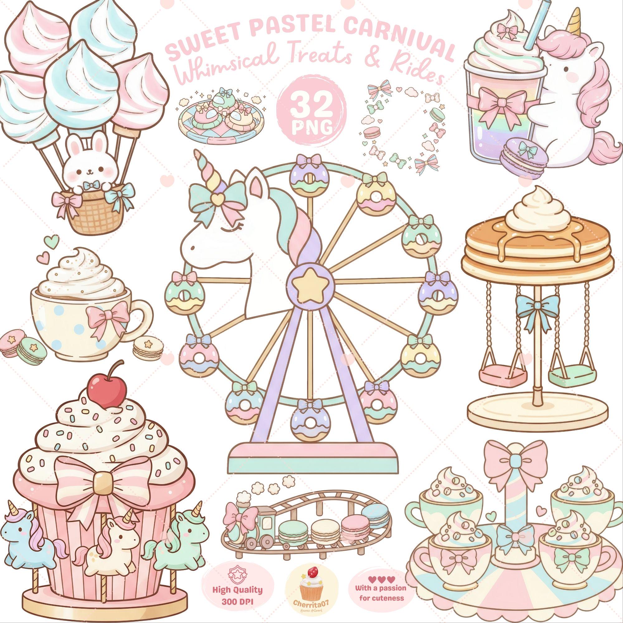 Candy Ride Fair Pastel Carnival Clipart: Cute Candy Rides and Dessert Fair PNG Bundle ...