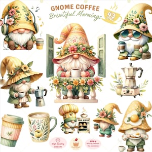 Coffee Gnome Clipart, Morning Coffee PNG, Yellow gnome, coffee Clipart, Coffee Lover PNG, Spring PNG, Gnomes Clipart Bundle, Commercial Use