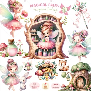 Magische feeën clipart, sprookje png, fantasie sprookjesland, betoverd bos, sprookjeshuis, lente clipart, kinderkamer kunst, kaarten maken, commercieel gebruik