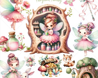 Magical Fairy Clipart, Fairy png, Fantasy Fairyland, Enchanted Forest, Fairy house, Spring clipart, Nursery art, Card making, Commercial Use
