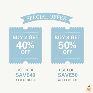 May include: A blue and white graphic with the text "SPECIAL OFFER" in a banner at the top. Two blue ticket-shaped boxes with white text offer discounts: "BUY 2 GET 40% OFF" and "BUY 3 GET 50% OFF".  Below each box is the text "USE CODE" followed by a discount code: "SAVE40" and "SAVE50".  The text "AT CHECKOUT" appears below each discount code.