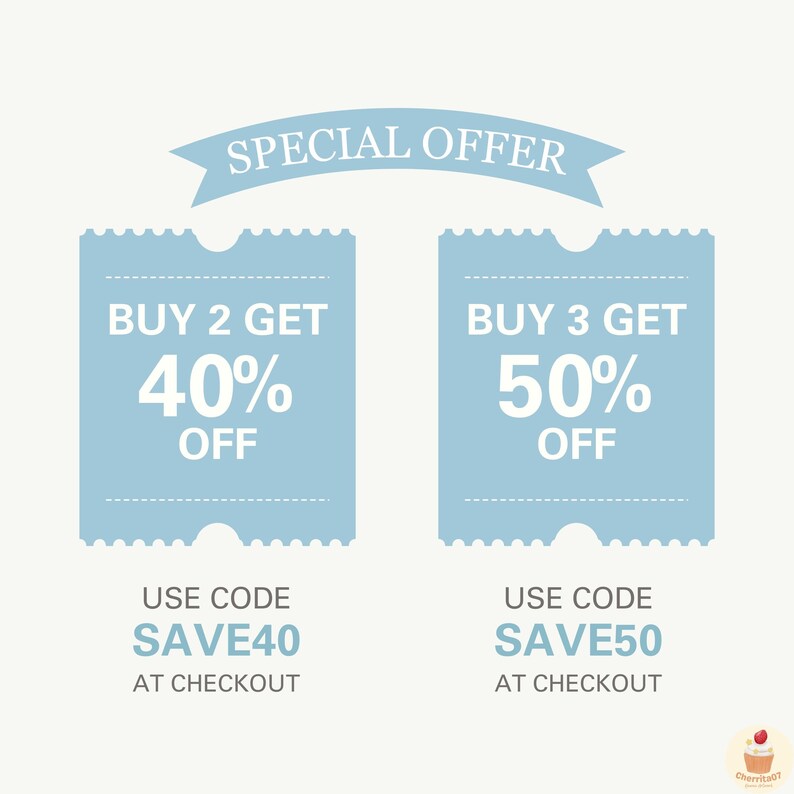 May include: A blue and white graphic with the text "SPECIAL OFFER" in a banner at the top. Two blue ticket-shaped boxes with white text offer discounts: "BUY 2 GET 40% OFF" and "BUY 3 GET 50% OFF".  Below each box is the text "USE CODE" followed by a discount code: "SAVE40" and "SAVE50".  The text "AT CHECKOUT" appears below each discount code.