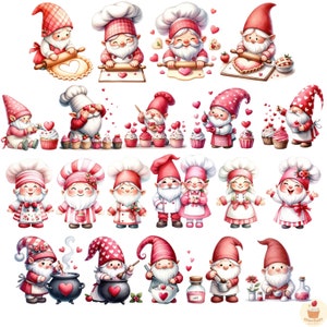 May include: A collection of 18 adorable gnomes dressed in red and white chef hats, baking and cooking in a kitchen setting. The gnomes are holding rolling pins, whisks, and other kitchen tools. Some are baking heart-shaped cookies, while others are stirring pots and mixing ingredients. The gnomes are surrounded by hearts and other Valentine's Day decorations.