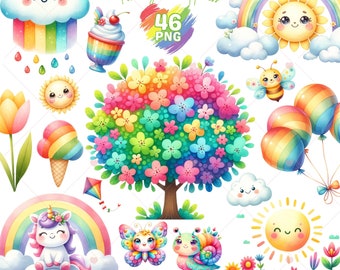 Spring rainbow Clipart, Nursery Rainbow png, Spring Time Clipart, Colorful Seasonal, Cute Animal, Sunshine Day, Scrapbooking, Commercial Use