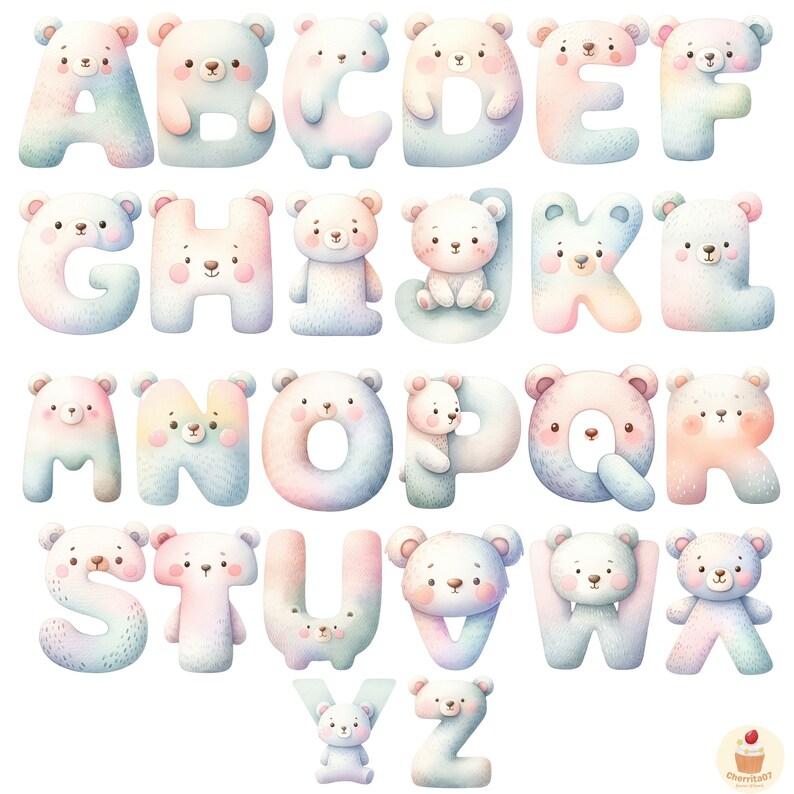 Pastel Baby Bear Alphabet Clipart, Watercolor Bear Letters PNG, Pastel ...