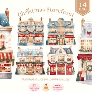 Può includere: Un set di 14 illustrazioni digitali di vetrine di negozi di Natale dipinte ad acquerello. Ogni vetrina è decorata con verdeggiante festivo, luci e tende rosse e bianche. Le vetrine sono su uno sfondo bianco.
