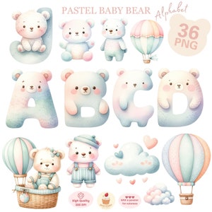 Clipart de alfabeto de urso bebê pastel, letras de urso aquarela PNG, clipart de urso pastel, clipart de chá de bebê, clipart de berçário, uso comercial