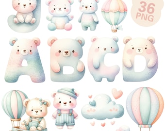 Pastel Baby Bear Alphabet Clipart, Watercolor Bear Letters PNG, Pastel Teddy clipart, baby shower clipart, nursery clipart, commercial use