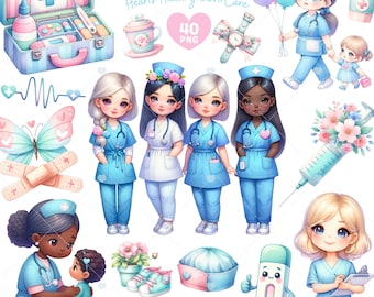 May include: A set of 40 digital illustrations featuring cute cartoon nurses in various poses. The illustrations include a nurse with a stethoscope, a nurse holding a syringe, a nurse with a thermometer, and a nurse with a clipboard. The illustrations are perfect for use in digital scrapbooking, card making, and other creative projects.