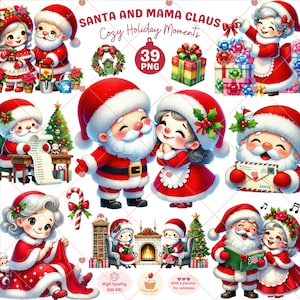 Papai Noel e Mamãe Noel Clipart, Casal de Natal PNG, Clipart de Natal Aconchegante, Papai Noel PNG, Vovô e Vovó, Clipart Festivo, Uso Comercial