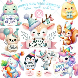 Clipart di animali di Capodanno, PNG di Felice Anno Nuovo, Clipart di animali carini, Clipart invernale, PNG di animali per feste di Natale, Clipart di asilo nido, Uso commerciale