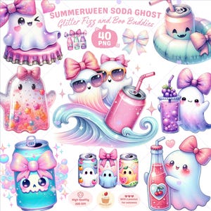 May include: Digital art featuring cute ghost characters with bows, soda cans, and drinks. The image includes text that reads "Summerween Soda Ghost Glitter Fizz and Boo Buddies" and "40 PNG". The color palette is pastel pink, blue, and purple.