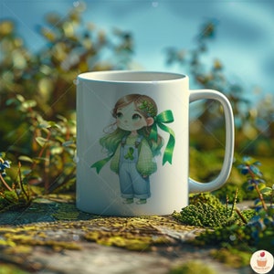 May include: White ceramic mug with a green ribbon and a cartoon girl with green hair and a green and white plaid shirt. The girl is wearing blue overalls and a green ribbon in her hair.