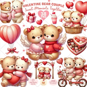 Clipart de pareja de osos de San Valentín, PNG de San Valentín, Clipart de pareja, Clipart de oso de peluche, Clipart de amor, Clipart de animales lindos, Uso comercial