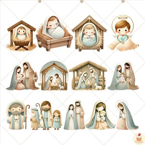 May include: A set of ten digital illustrations featuring the Nativity scene. The illustrations depict the baby Jesus, Mary, Joseph, angels, and shepherds in various poses. The illustrations are in a cartoon style and are perfect for use in Christmas cards, invitations, or other holiday projects.