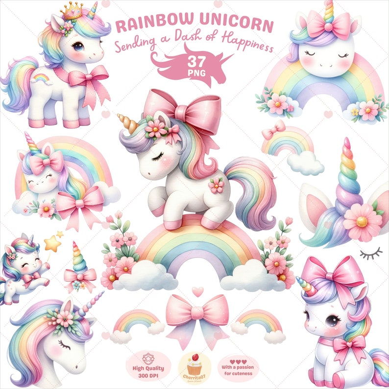 K&ouml;nnte beinhalten: Ein Set mit 37 digitalen Illustrationen mit niedlichen Regenbogen-Einh&ouml;rnern mit rosa Schleifen, Blumen und Regenb&ouml;gen. Die Illustrationen sind perfekt, um jedem Projekt einen Hauch von Fantasie zu verleihen.