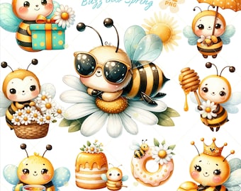 Honey Bee Clipart, Bee and Daisies PNG, daisy floral PNG, Watercolor Spring, Bumble Bee PNG, Nursery decor, Gift for Mom, Commercial Use