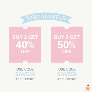 May include: Pink and blue graphic with the text "SPECIAL OFFER" in a blue banner. Two pink coupons with rounded corners and white text. The first coupon says "BUY 2 GET 40% OFF" and "USE CODE SAVE40 AT CHECKOUT". The second coupon says "BUY 3 GET 50% OFF" and "USE CODE SAVE50 AT CHECKOUT".