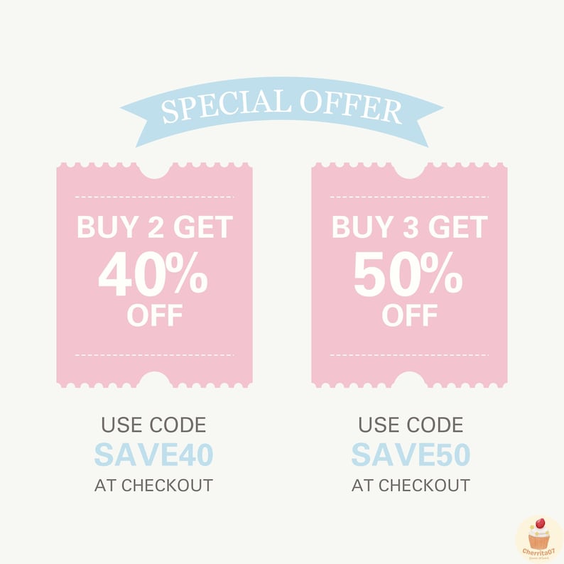 May include: Pink and blue graphic with the text "SPECIAL OFFER" in a blue banner. Two pink coupons with rounded corners and white text. The first coupon says "BUY 2 GET 40% OFF" and "USE CODE SAVE40 AT CHECKOUT". The second coupon says "BUY 3 GET 50% OFF" and "USE CODE SAVE50 AT CHECKOUT".