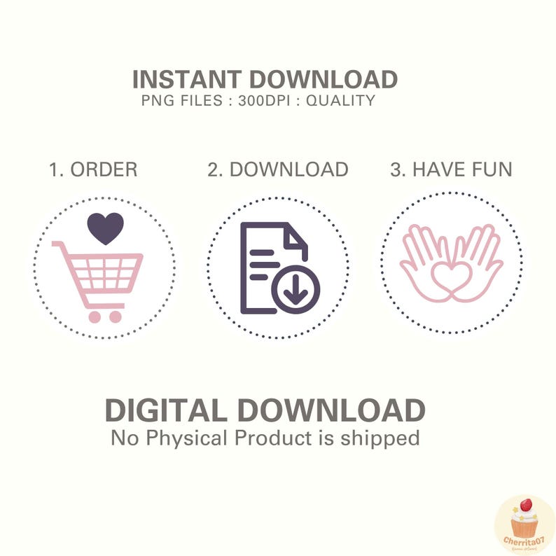 Puede incluir: Gr&aacute;fico de descarga digital con instrucciones: Pedir, Descargar y Divertirse. La imagen incluye un carrito de compras con un coraz&oacute;n, un documento con una flecha de descarga y manos formando un coraz&oacute;n. El texto dice "Descarga instant&aacute;nea" y "Descarga digital."