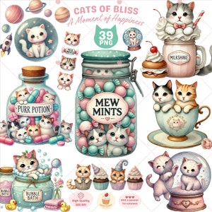 Cats of Bliss Clipart, geschnittene Katze png, Baby Tiere Clipart, süßes Haustier, Kätzchen png, Katzenliebhaber Geschenk, lustige Clipart, Cupcake png, kommerzielle Nutzung