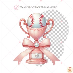 May include: A pink trophy with a white baseball inside, decorated with a pink bow and pearl accents. The trophy has a blank nameplate.