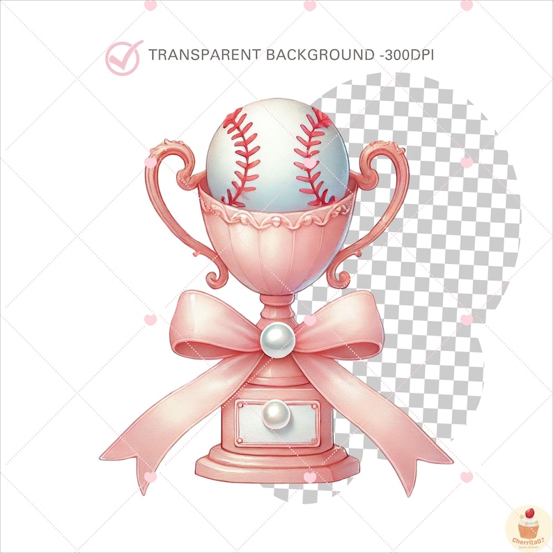 May include: A pink trophy with a white baseball inside, decorated with a pink bow and pearl accents. The trophy has a blank nameplate.