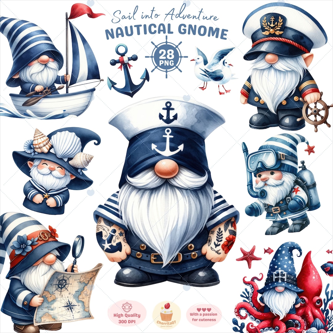 Nautical Gnome Clipart, Sailor Gnome PNG , Beach Gnome Clipart, Seashore Gnomes PNG, Summer