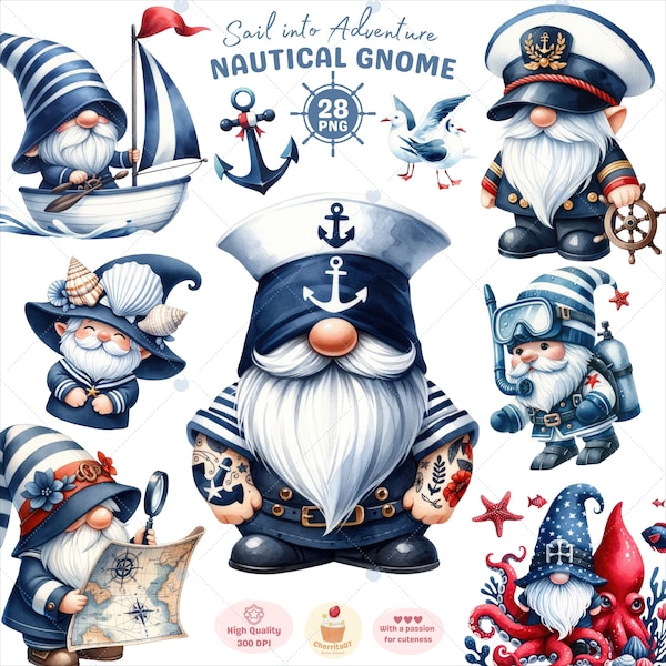 Nautical gnome clipart, Sailor Gnome PNG , Beach Gnome Clipart, Seashore Gnomes PNG, Summer Clipart, Navy blue Nautical, Commercial use